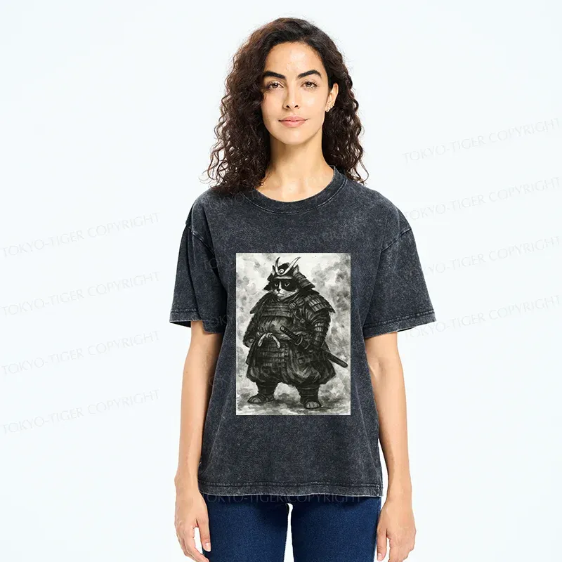 Tokyo-Tiger Strong Cat Samurai Washed T-Shirt