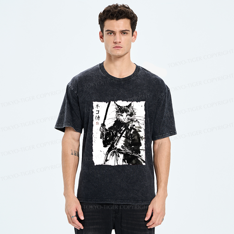 Tokyo-Tiger Ink Painting Cat Samurai Washed T-Shirt