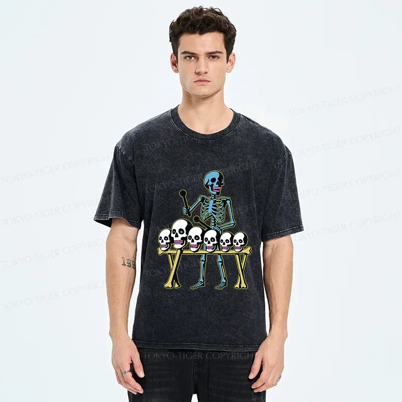 Tokyo-Tiger Skeleton Playing Bone Piano Washed T-Shirt