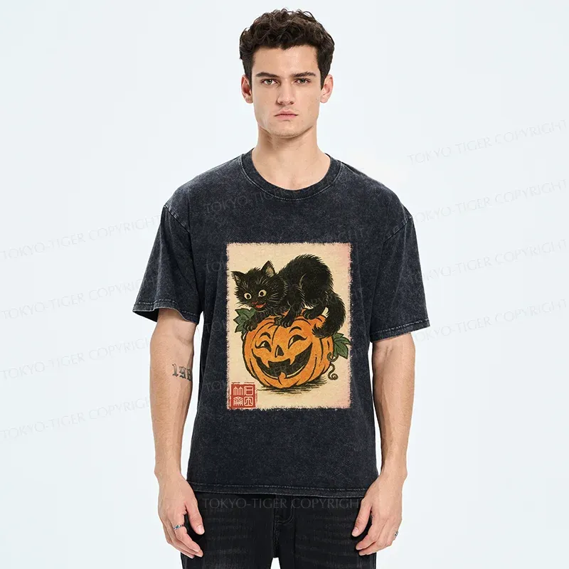 Tokyo-Tiger Black Cat And Pumpkin Washed T-Shirt