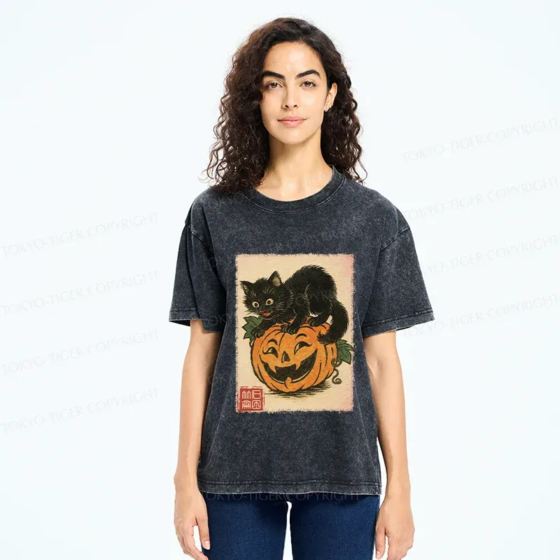 Tokyo-Tiger Black Cat And Pumpkin Washed T-Shirt