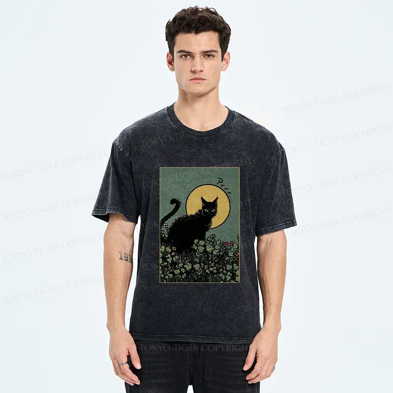 Tokyo-Tiger Black Cat At Night Washed T-Shirt