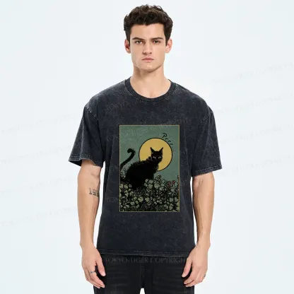 Tokyo-Tiger Black Cat At Night Washed T-Shirt