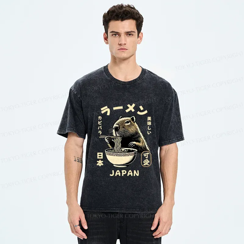 Tokyo-Tiger Retro Capybara Eating Ramen Washed T-Shirt