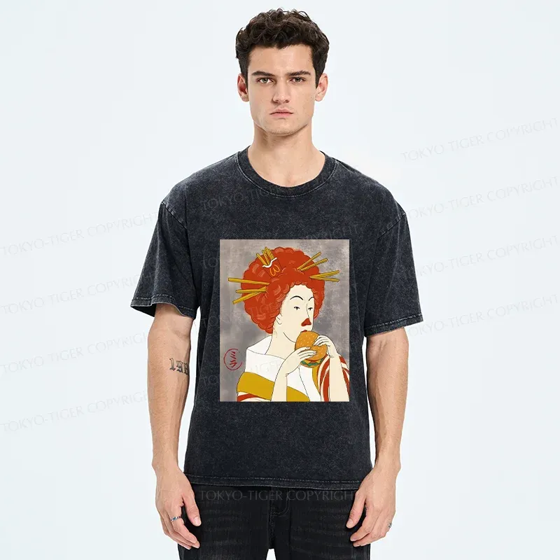 Tokyo-Tiger Japanese Eating Hamburger Washed T-Shirt