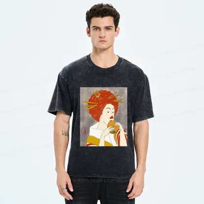 Tokyo-Tiger Japanese Eating Hamburger Washed T-Shirt