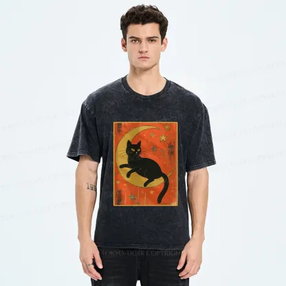 Tokyo-Tiger Black Cat On The Moon Washed T-Shirt