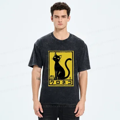 Tokyo-Tiger Woodcut Black Cat Washed T-Shirt