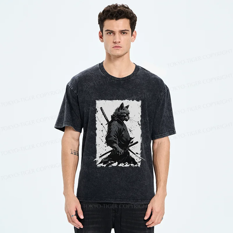 Tokyo-Tiger Handsome Samurai Cat Washed T-Shirt