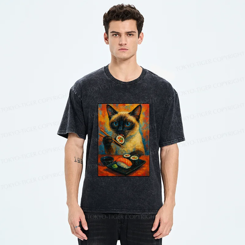 Tokyo-Tiger Siamese Cat Eating Sushi Washed T-Shirt