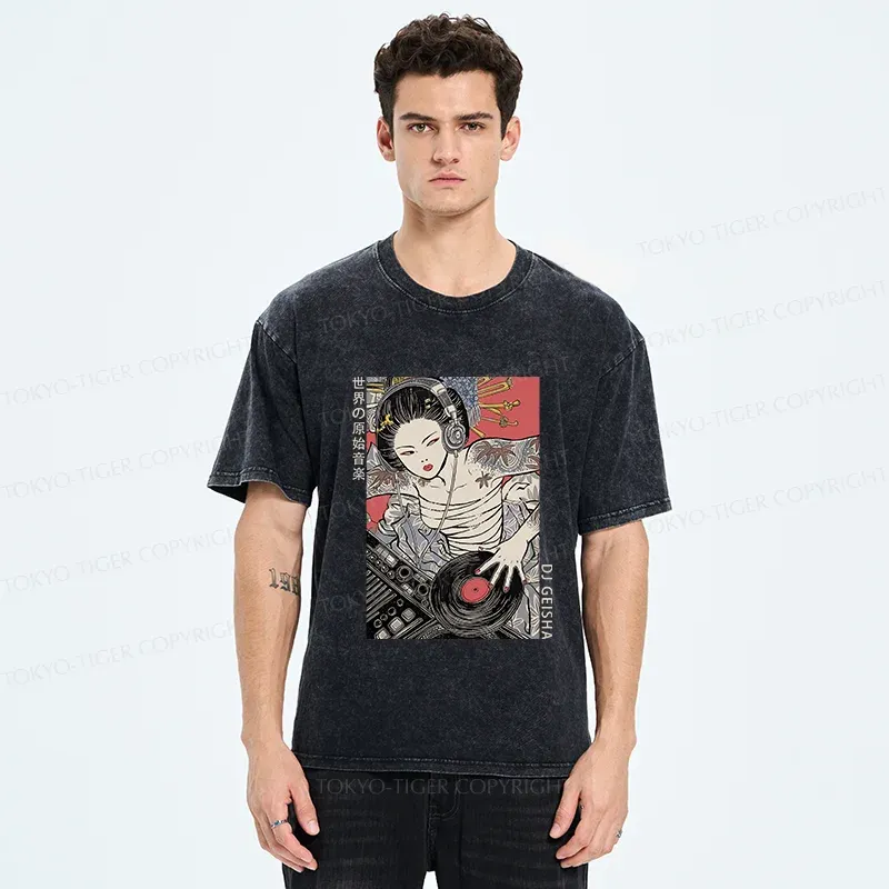Tokyo-Tiger Geisha DJ Funny Washed T-Shirt