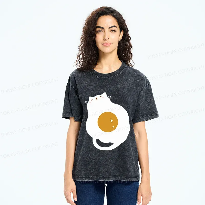 Tokyo-Tiger Fried Egg Cat Washed T-Shirt