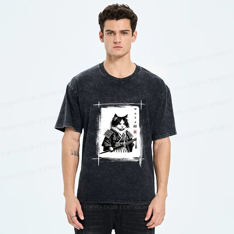 Tokyo-Tiger Tuxedo Samurai Cat Washed T-Shirt