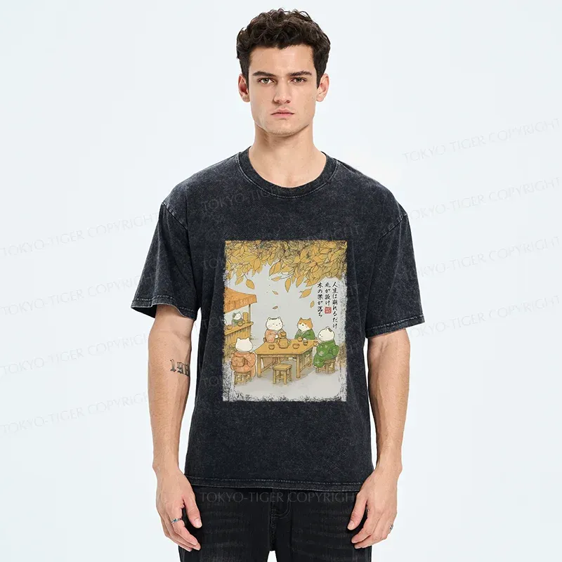 Tokyo-Tiger Cats Drinking Tea Under The Tree Washed T-Shirt