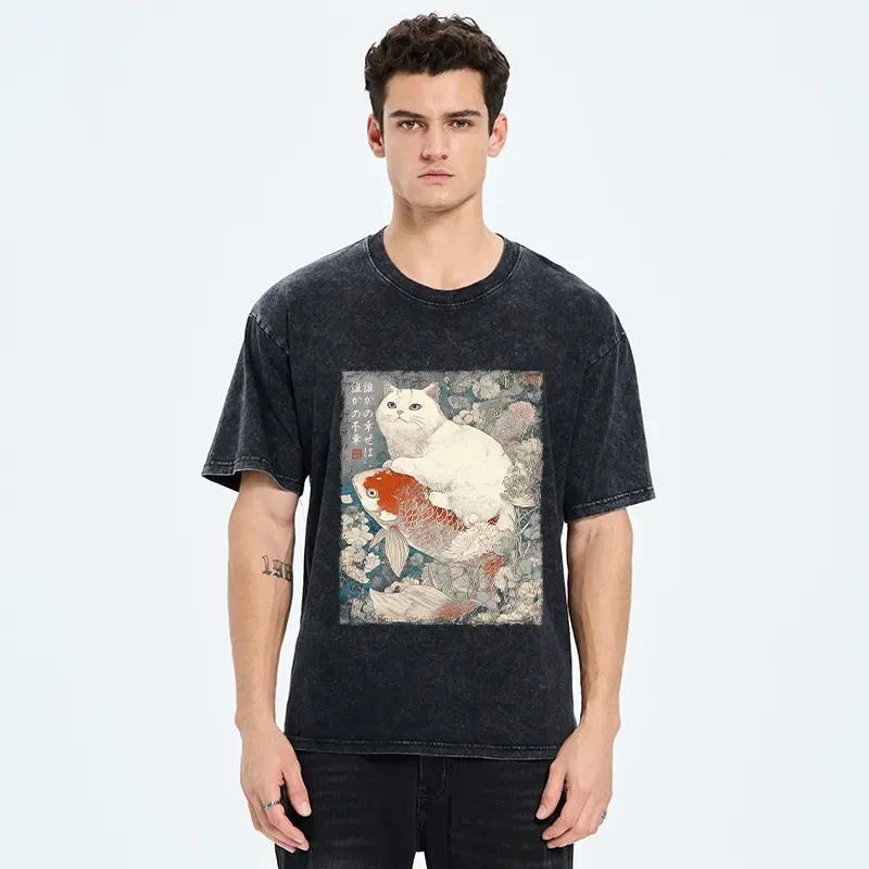 Tokyo-Tiger Japanese Cat Koi Fish Washed T-Shirt