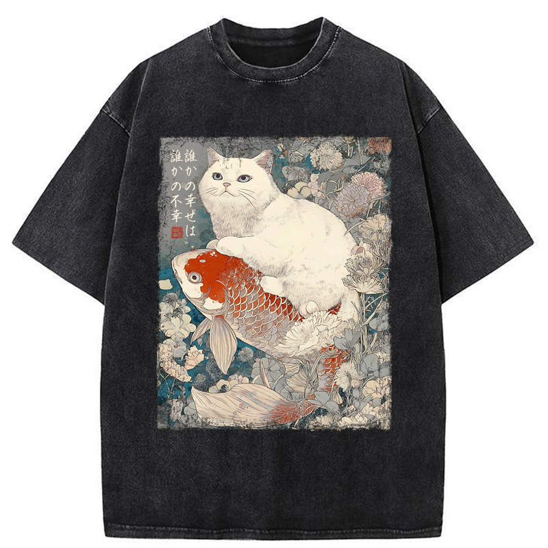 Tokyo-Tiger Japanese Cat Koi Fish Washed T-Shirt