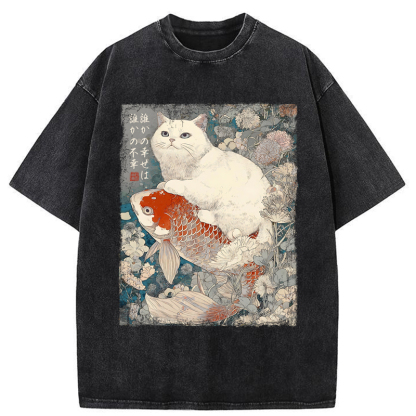 Tokyo-Tiger Japanese Cat Koi Fish Washed T-Shirt
