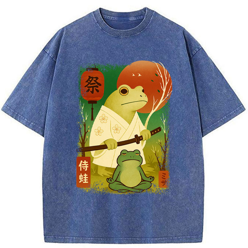 Tokyo-Tiger Funny Frog Samurai Poster Washed T-Shirt