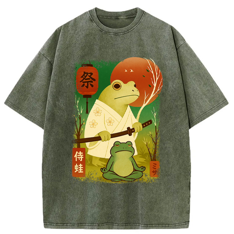 Tokyo-Tiger Funny Frog Samurai Poster Washed T-Shirt