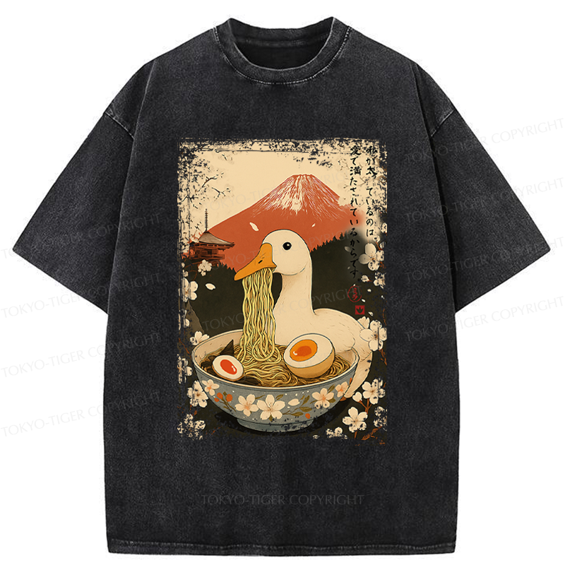 Tokyo-Tiger Japanese Ukiyoe Goose Eat Ramen Poster Washed T-Shirt
