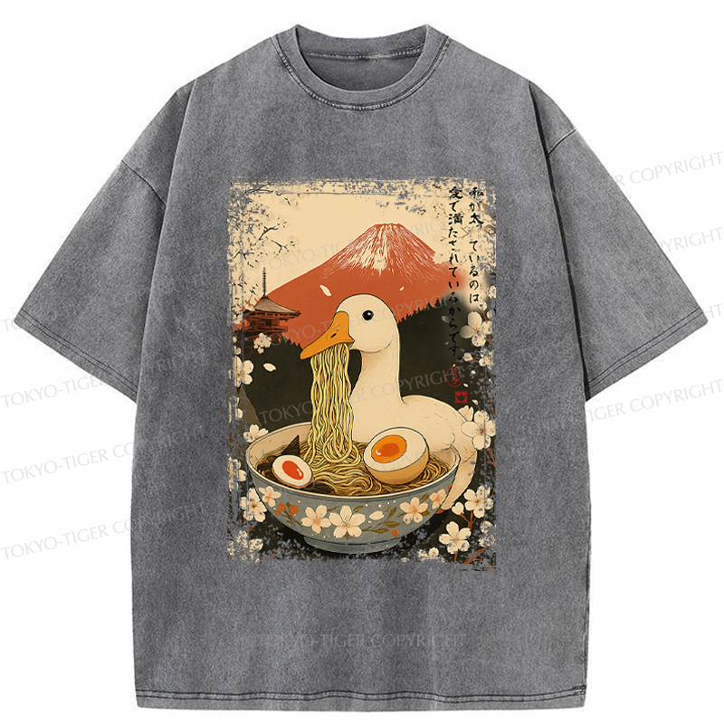 Tokyo-Tiger Japanese Ukiyoe Goose Eat Ramen Poster Washed T-Shirt