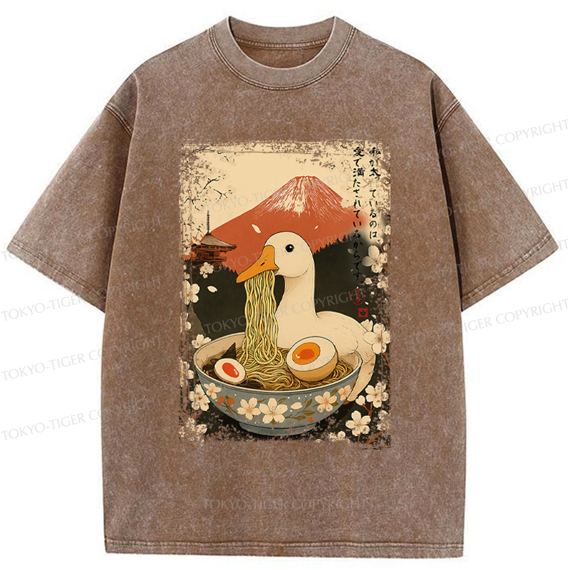 Tokyo-Tiger Japanese Ukiyoe Goose Eat Ramen Poster Washed T-Shirt