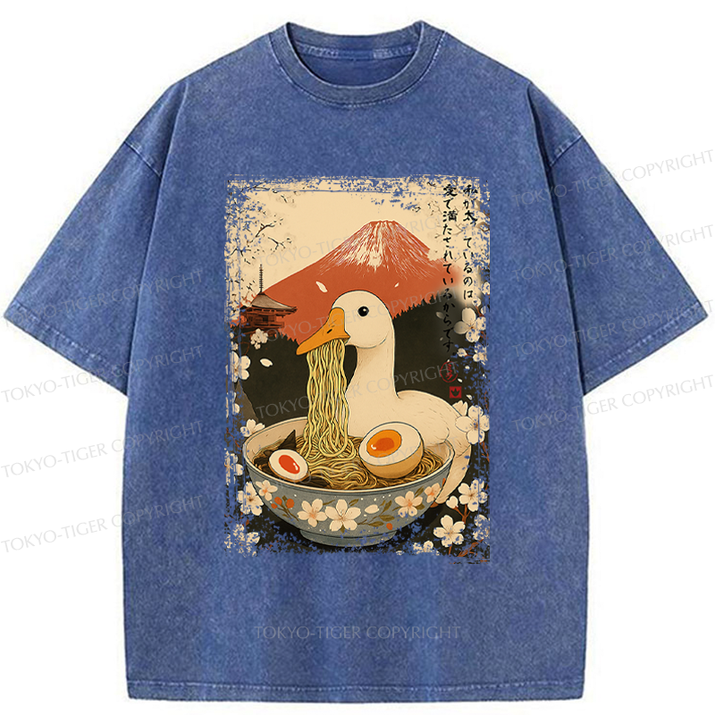 Tokyo-Tiger Japanese Ukiyoe Goose Eat Ramen Poster Washed T-Shirt