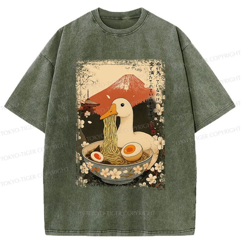 Tokyo-Tiger Japanese Ukiyoe Goose Eat Ramen Poster Washed T-Shirt