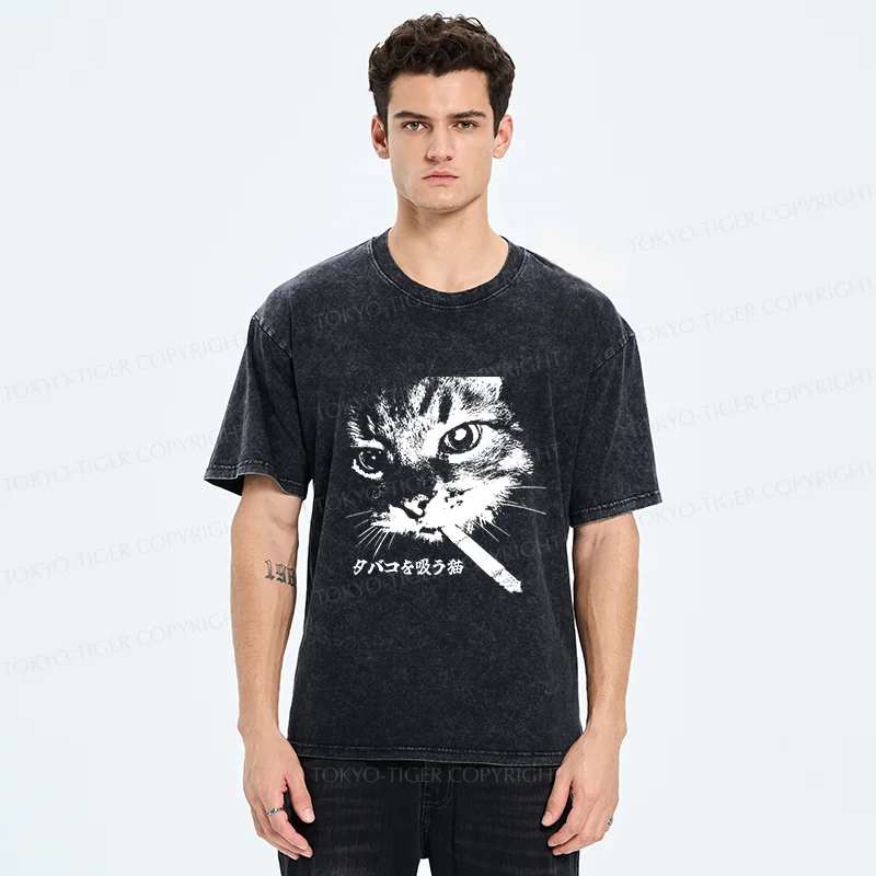 Tokyo-Tiger Retro Cat Smoking Washed T-Shirt Sale – tokyo-tiger