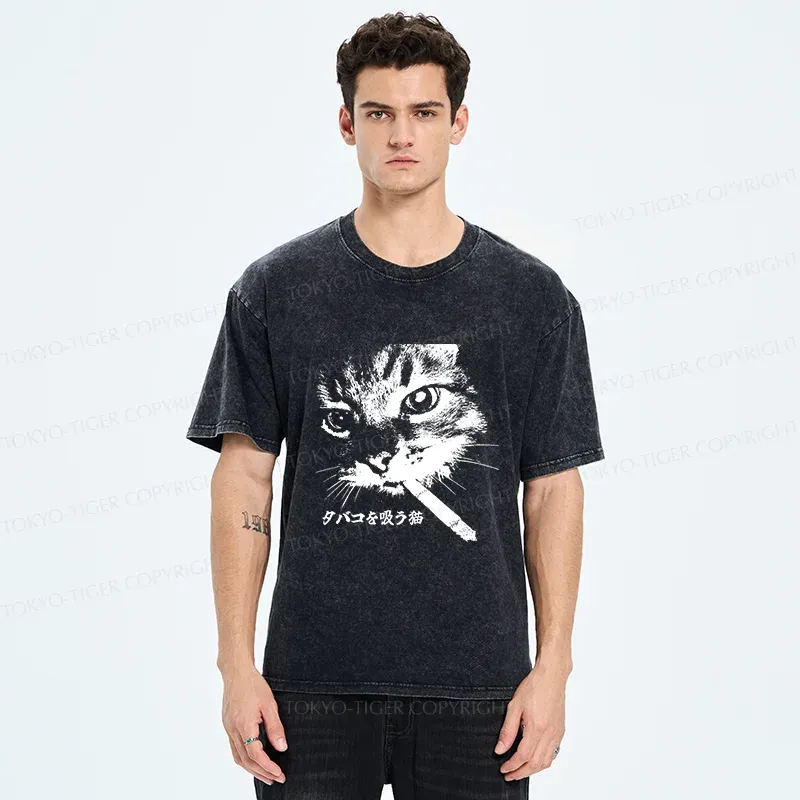 Tokyo-Tiger Retro Cat Smoking Washed T-Shirt