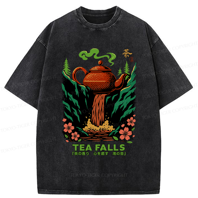 Tokyo-Tiger Vintage Funny Tea Falls Chado Washed T-Shirt