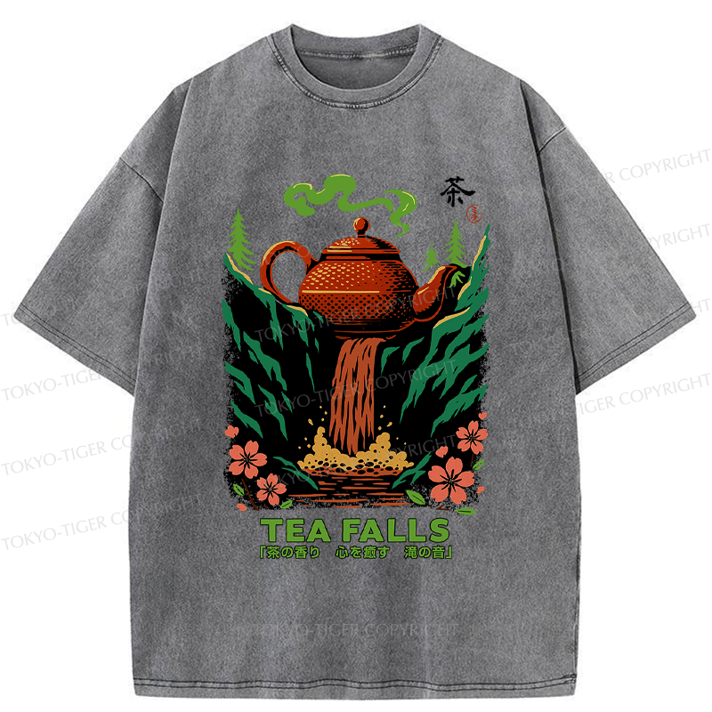 Tokyo-Tiger Vintage Funny Tea Falls Chado Washed T-Shirt