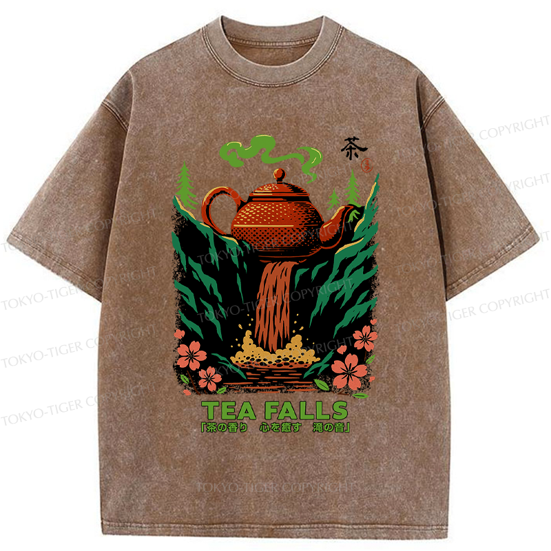 Tokyo-Tiger Vintage Funny Tea Falls Chado Washed T-Shirt