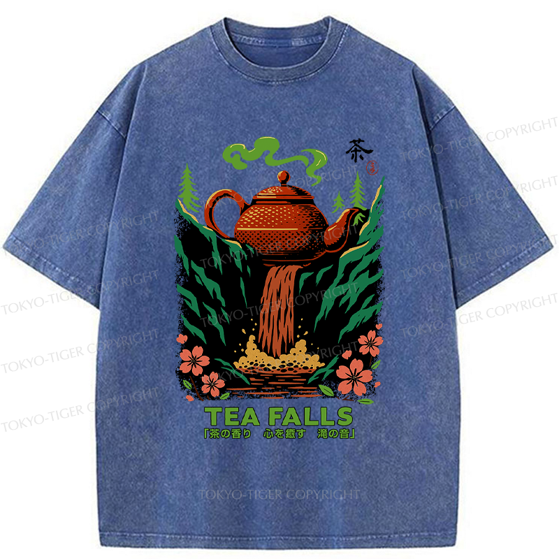 Tokyo-Tiger Vintage Funny Tea Falls Chado Washed T-Shirt