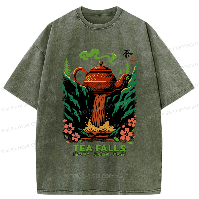 Tokyo-Tiger Vintage Funny Tea Falls Chado Washed T-Shirt