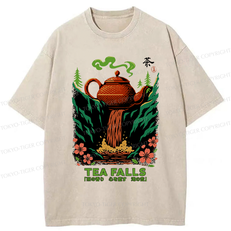 Tokyo-Tiger Vintage Funny Tea Falls Chado Washed T-Shirt