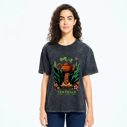 Tokyo-Tiger Vintage Funny Tea Falls Chado Washed T-Shirt
