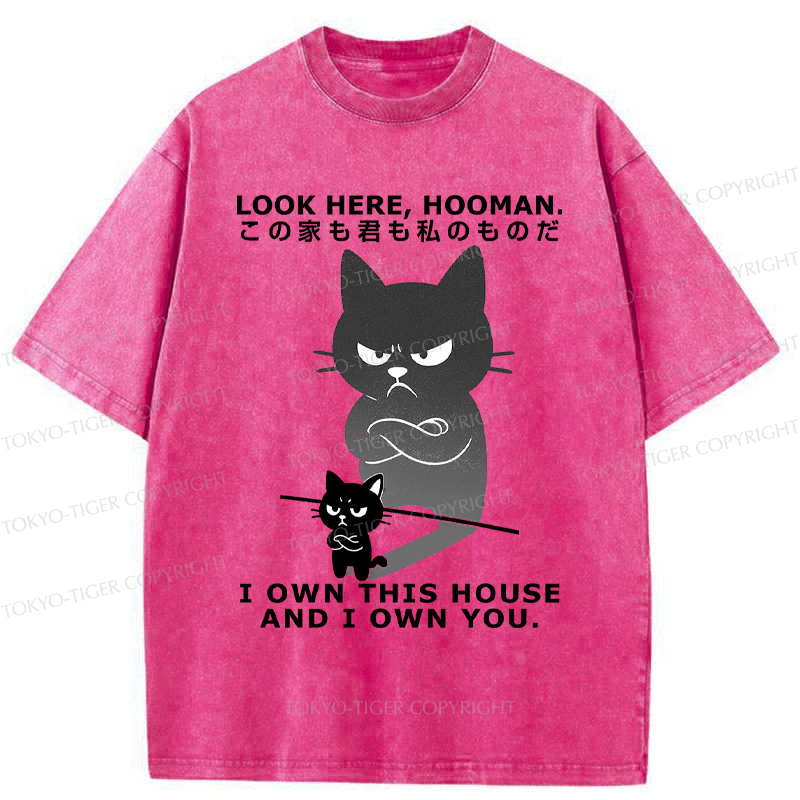 Tokyo-Tiger Funny Look here, hooman-Cat meme Washed T-Shirt