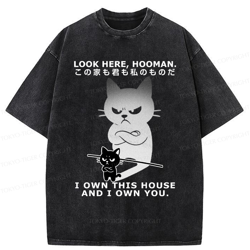 Tokyo-Tiger Funny Look here, hooman-Cat meme Washed T-Shirt