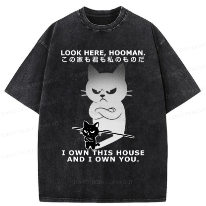 Tokyo-Tiger Funny Look here, hooman-Cat meme Washed T-Shirt