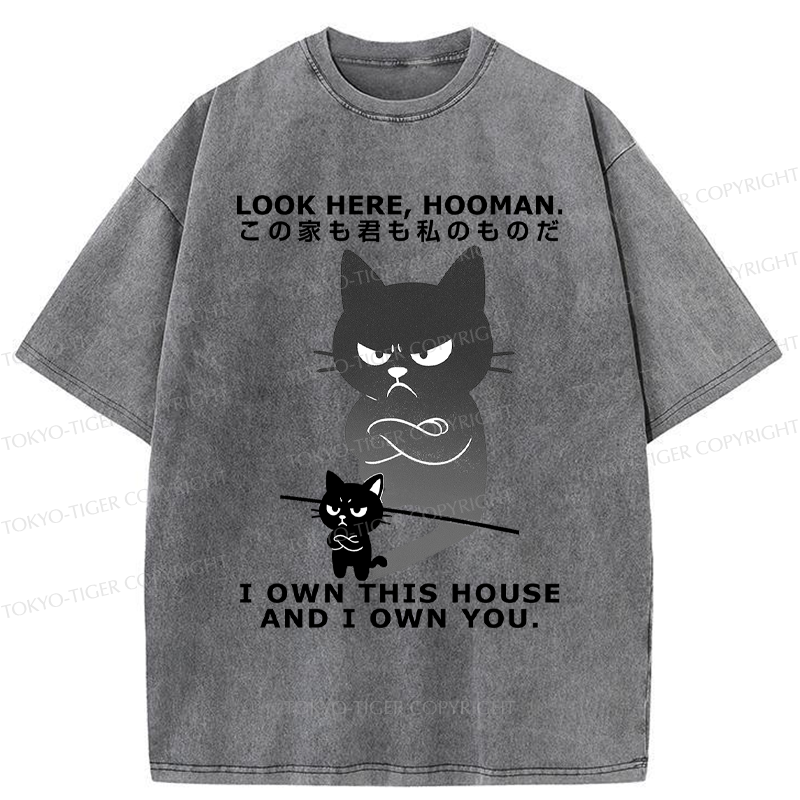 Tokyo-Tiger Funny Look here, hooman-Cat meme Washed T-Shirt