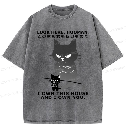 Tokyo-Tiger Funny Look here, hooman-Cat meme Washed T-Shirt
