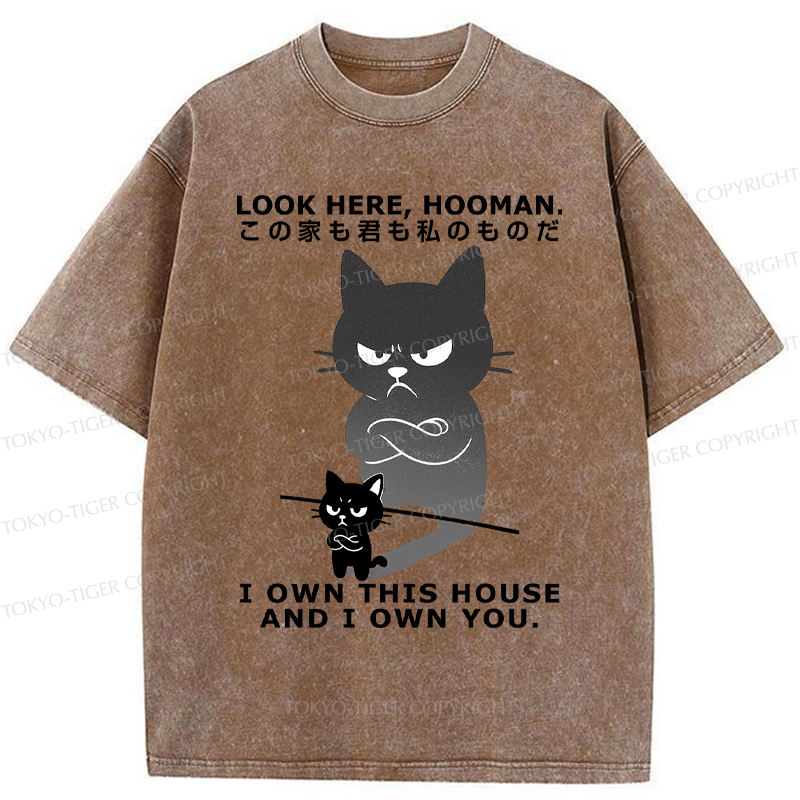 Tokyo-Tiger Funny Look here, hooman-Cat meme Washed T-Shirt