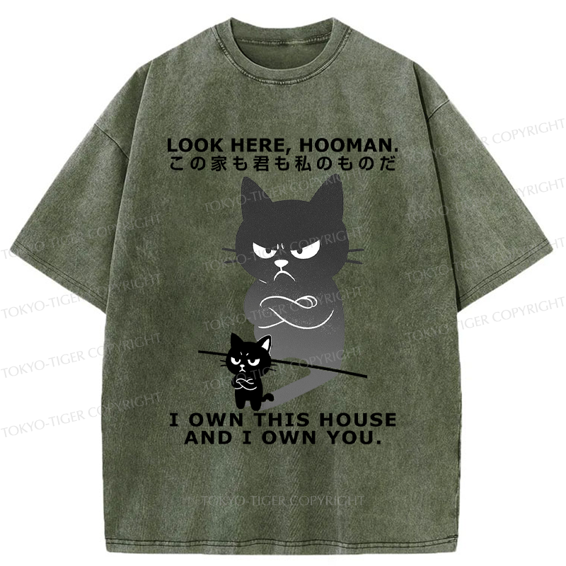 Tokyo-Tiger Funny Look here, hooman-Cat meme Washed T-Shirt