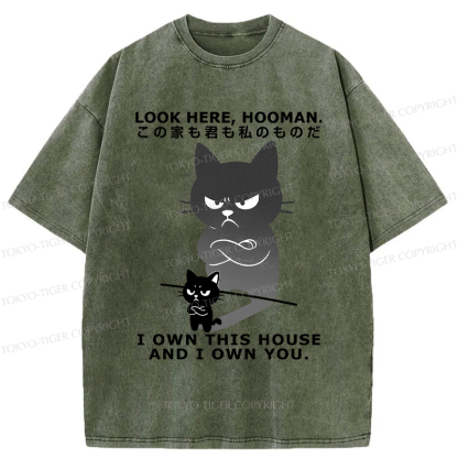 Tokyo-Tiger Funny Look here, hooman-Cat meme Washed T-Shirt