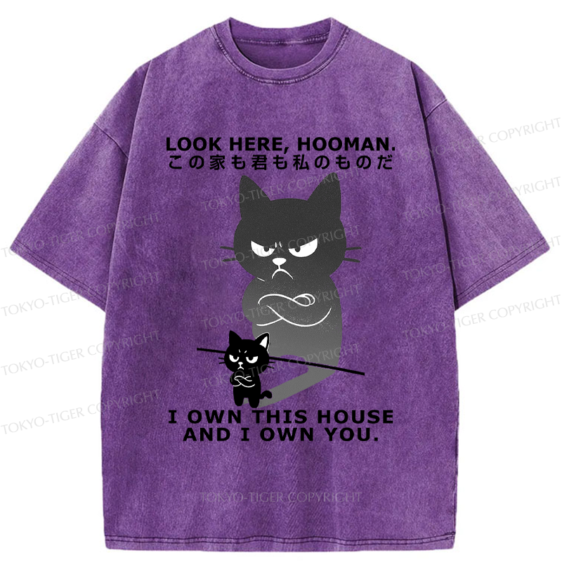 Tokyo-Tiger Funny Look here, hooman-Cat meme Washed T-Shirt