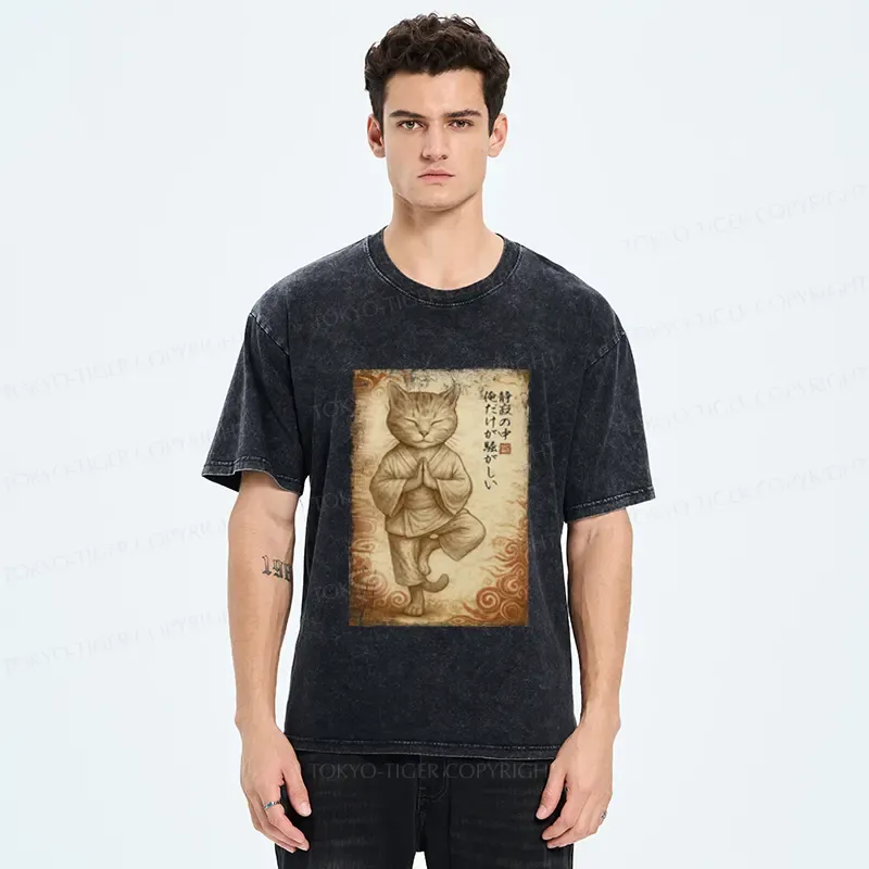 Tokyo-Tiger Meditation Zen Cat Washed T-Shirt