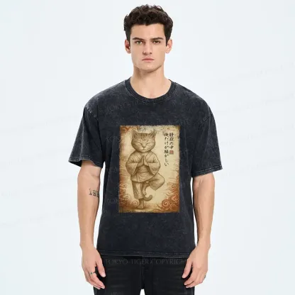 Tokyo-Tiger Meditation Zen Cat Washed T-Shirt