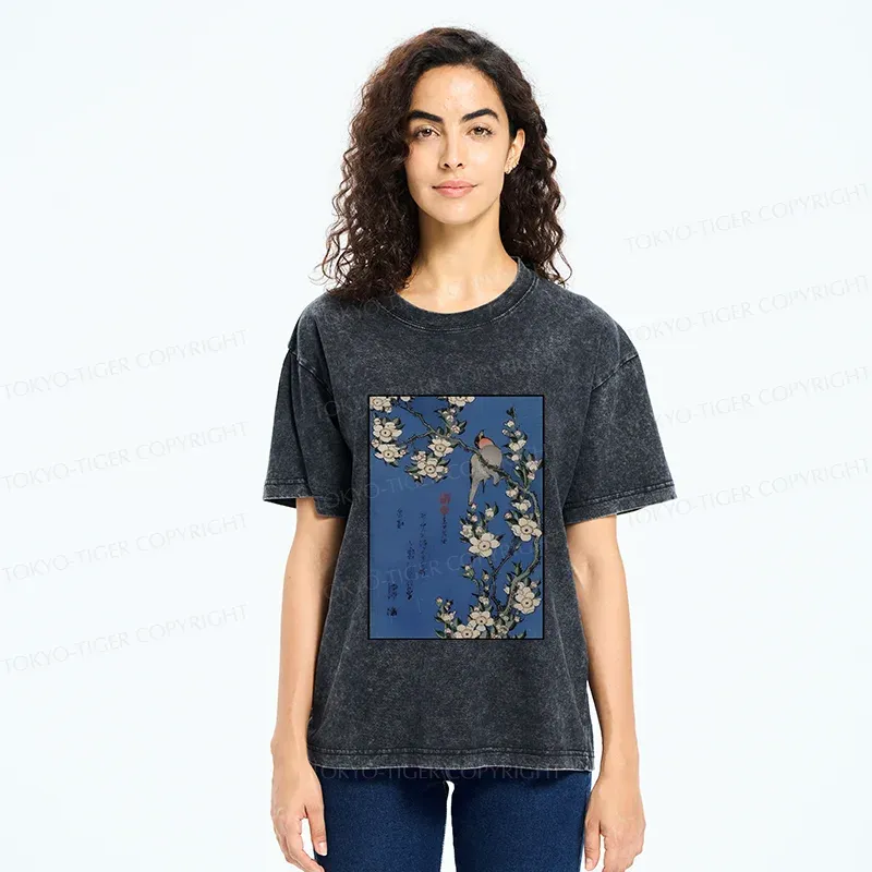 Tokyo-Tiger Japanese Bird And Wood Painting Washed T-Shirt