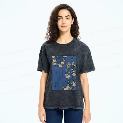 Tokyo-Tiger Japanese Bird And Wood Painting Washed T-Shirt